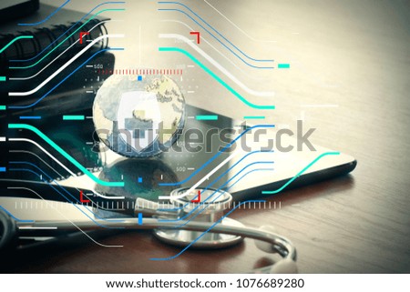 Health protection. Medical and health care concept.Studio macro of a stethoscope and texture globe with digital tablet with shallow DOF evenly matched abstract as medical network 