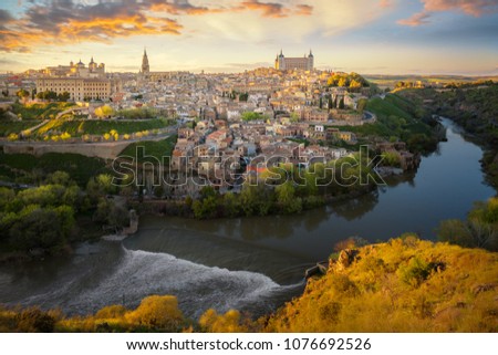 Landmark Toledo old town city with castle and temple in Spain, Landscape of Toledo ancient building and river, europe