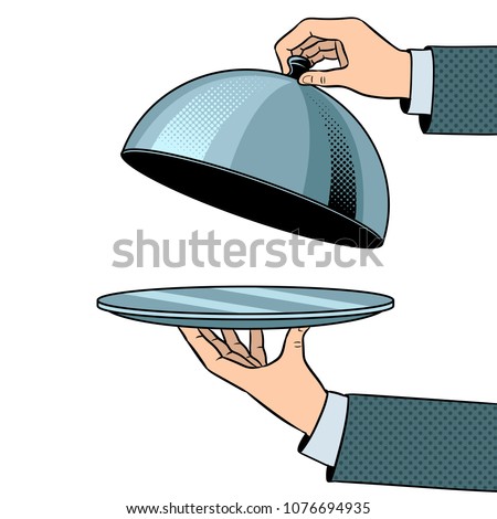 Dish plate with cloche pop art retro vector illustration. Isolated image on white background. Comic book style imitation.