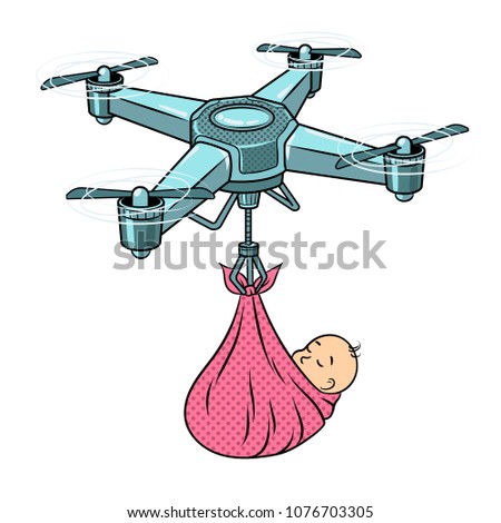 Quadrocopter drone carries newborn baby as stork pop art retro raster illustration. Isolated image on white background. Comic book style imitation.