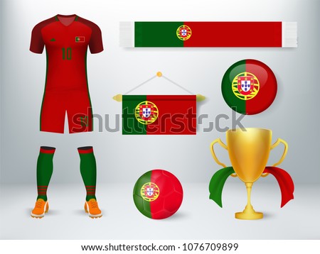 Portugal soccer set collection. Concept design of soccer elements with uniform,exchange flag,soccer ball,cheering scarf and trophy cup with flag in vector illustration