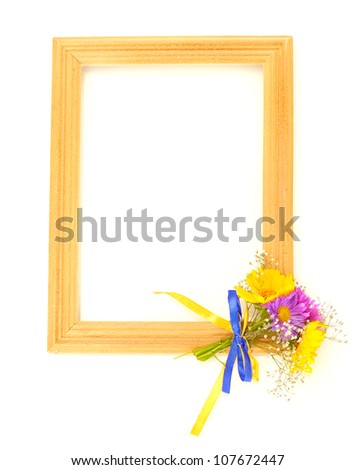 wooden frame with beautiful bouquet of bright  wildflowers, isolated on white
