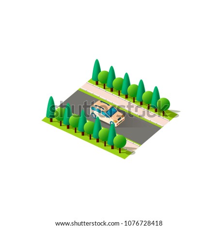 Vector isolated isometric front right view small van minivan car carriage of goods, transportation passengers vehicle travel, city urban infrastructure element logistics, travel trip white background