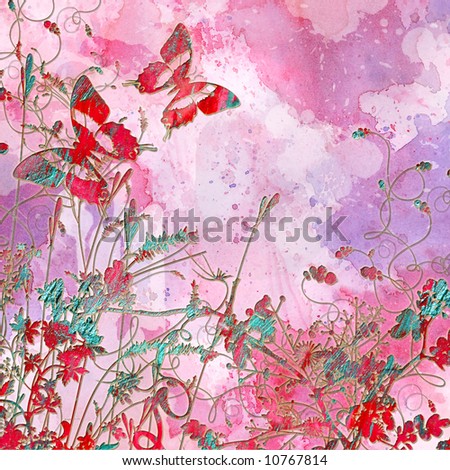 artistic pink background in grunge style with butterflies