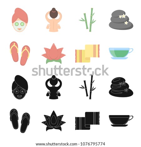 Flip-flops for the pool, lotus flower with petals, yellow towel with fringe, cup with tea, drink. Spa set collection icons in black,cartoon style vector symbol stock illustration web.
