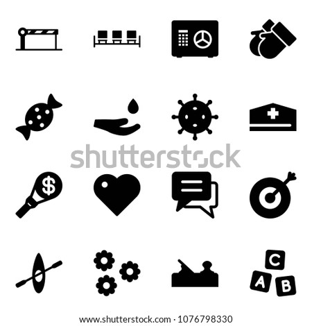 Solid vector icon set - barrier vector, waiting area, safe, gloves, candy, drop hand, virus, doctor hat, money torch, heart, chat, target, kayak, flower, jointer, abc cube