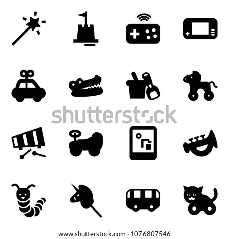 Solid vector icon set - Magic wand vector, sand castle, joystick wireless, game console, car toy, crocodile, shovel bucket, wheel horse, xylophone, baby, horn, caterpillar, unicorn stick, bus, cat