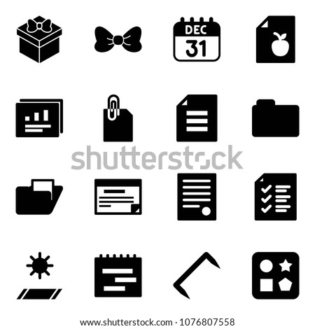 Solid vector icon set - gift vector, bow, 31 dec calendar, diet list, statistics report, attachment, document, folder, schedule, agreement, mat, terms plan, staple, cube hole toy