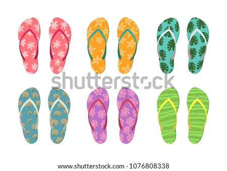 Set of colorful flip flops on white background. Summer vector illustration.