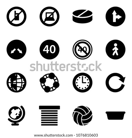 Solid vector icon set - no mobile sign vector, computer, pill, only forward right road, detour, minimal speed limit, end, pedestrian way, globe, friends, time, reload, jalousie, volleyball, basin
