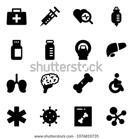 Solid vector icon set - doctor bag vector, syringe, heart diagnosis, drop counter, pills bottle, vial, mri, liver, lungs, brain, broken bone, disabled, ambulance star, virus, x ray, molecule