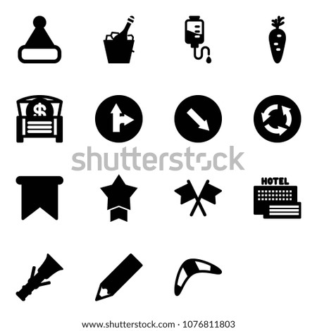 Solid vector icon set - christmas hat vector, champagne, drop counter, carrot, money chest, only forward right road sign, detour, circle, flag, star medal, flags cross, sea hotel, dowel, pencil