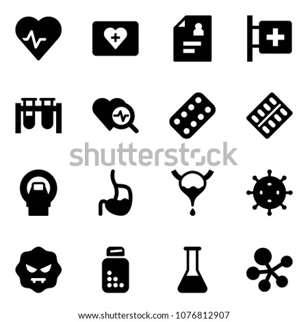 Solid vector icon set - heart pulse vector, first aid kit, patient card, room, vial, diagnosis, pills blister, mri, stomach, bladder, virus, bottle, flask, molecule