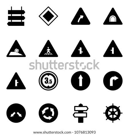 Solid vector icon set - sign post vector, main road, turn right, tunnel, steep roadside, pedestrian, intersection, limited height, only forward, detour, circle, signpost, hand wheel