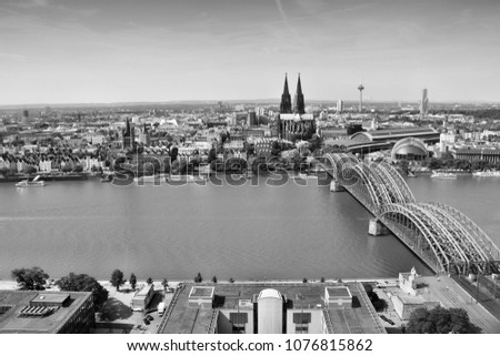 Cologne, Germany - aerial view with Rhine River and Cathedral Church. Black and white.