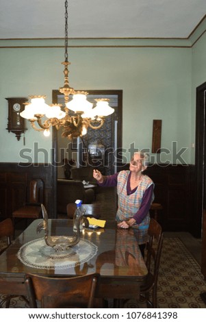 senior woman dusting the house