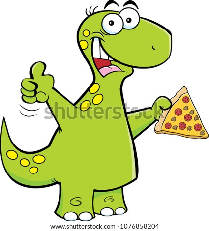 Cartoon illustration of a brontosaurus holding a slice of pizza.