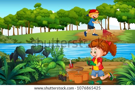 Boy and Girl Gardening in Forest illustration