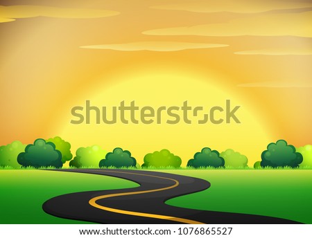 Roadside with Golden Sky Landscape illustration