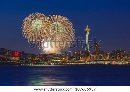 Seattle skyline and Space Needle with fireworks