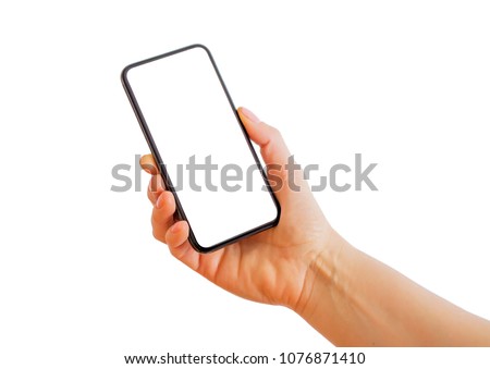 Person holding smartphone with blank white screen. Mobile app mockup.