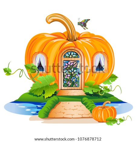 A fairy little house made of pumpkin. Cheerful vector illustration.