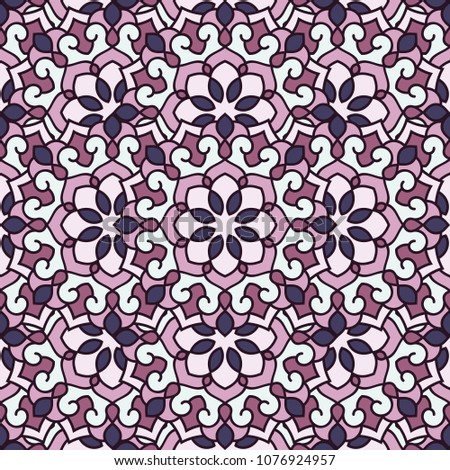 Abstract seamless backdrop. Design for prints, textile, decor, fabric. Round colorful texture in violet and pink colors. Mandala background