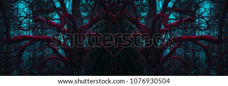 Dark mysterious forest. Stranger winding branches of trees in the mist. Background mystic atmosphere Royalty-Free Stock Photo #1076930504