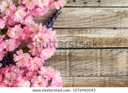 Red cherry blossom with grape hyacinth on white wood texture
