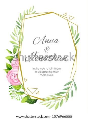 Wedding invitation. Green leaves and flowers geometric frame. Floral background. Vector illustration.