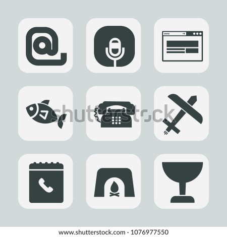 Premium set of fill icons. Such as radio, message, telephone, microphone, envelope, search, mic, air, home, fire, mobile, airplane, christmas, aircraft, internet, sign, email, white, animal, warm, sea