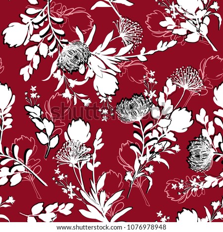Beautiful silhouette Floral pattern in the many kind of flowers. Botanical in garden outline. Seamless vector texture. for fashion fabric and all prints,with in hand drawn style on red  background.