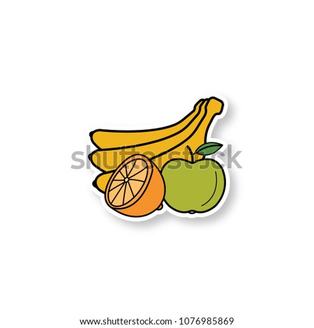 Fruits patch. Banana, orange and apple. Still life. Color sticker. Vector isolated illustration