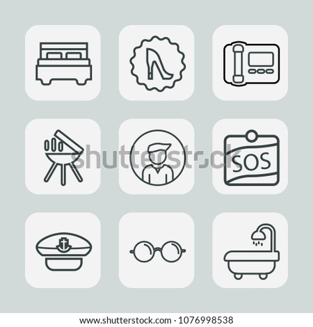Premium set of outline icons. Such as house, eye, phone, home, beautiful, navy, comfortable, circle, boy, grill, barbecue, sos, stationary, interior, bathroom, double, eyeglasses, footwear, bbq, hat