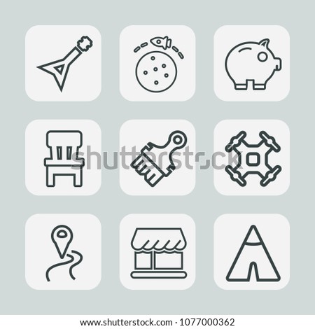 Premium set of outline icons. Such as curtain, technology, drone, shop, musical, coin, currency, control, concert, room, finance, map, adventure, chair, bank, location, financial, sound, rocket, space
