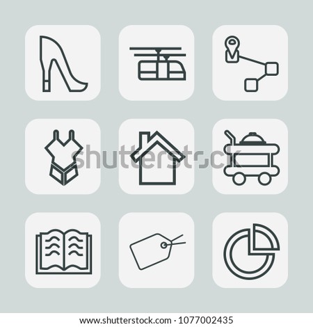 Premium set of outline icons. Such as education, graph, pie, room, swimsuit, food, sky, technology, tag, bed, literature, leather, paper, cable, page, web, train, chart, location, fashion, point, blue