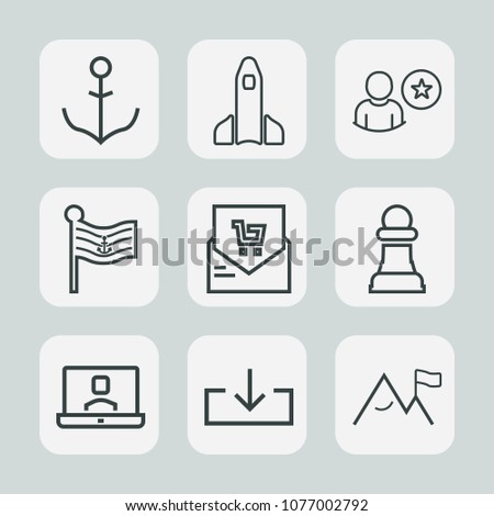Premium set of outline icons. Such as boat, sea, spaceship, launch, sign, wheel, strategy, navigation, nation, video, shuttle, business, america, profile, travel, science, rudder, national, online