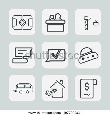 Premium set of outline icons. Such as communication, property, key, sale, transportation, construction, play, conference, speech, sport, travel, chat, spaceship, event, hammer, business, transport, tv