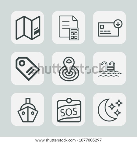 Premium set of outline icons. Such as swimming, center, earth, global, ship, boat, europe, currency, pool, planet, coin, investment, map, sky, travel, vessel, cash, location, water, sea, summer, tag