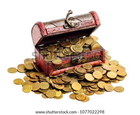 Open treasure chest filled with gold colored coins isolated on white