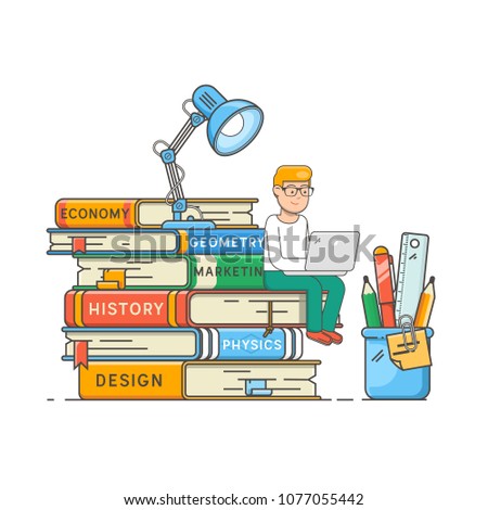 Book readers club, self education concept. Boy sitting on a stack of big books. Vector illustration