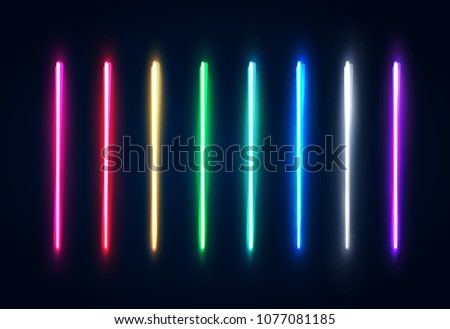 Halogen or led light lamps elements pack for night party or game design. Neon light tubes set. Colorful glowing lines or borders collection isolated on dark blue background. Color vector illustration. Royalty-Free Stock Photo #1077081185