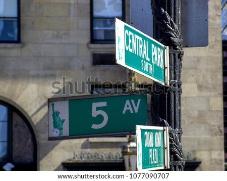 New York City street signs Central Park South, Grand Army Plaza, fifth Avenue