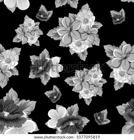 monochrome seamless floral pattern on black background. For your design of fabrics, clothing. Postcards, greeting cards and invitations for birthday, wedding, Valentine's day. Vector illustration.
