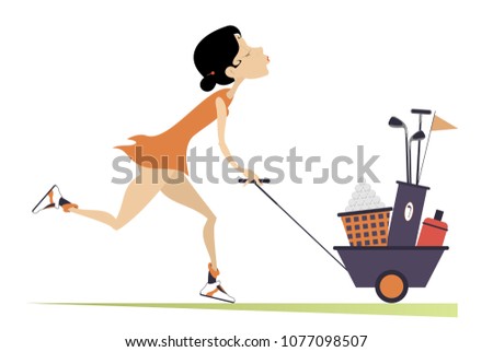 Young pretty woman is going to play golf isolated illustration. Smiling woman pushes a trolley with bag of golf clubs, balls and water in and goes to play golf isolated on white illustration
