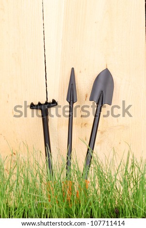 Green grass and garden tools on wooden background