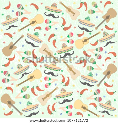 Beautiful textured background for the holiday cinco de mayo on May 5, for a banner, postcards, menu. Mexico, musical instruments, maracas, hats, sombrero, guitar, chili, mustache, colorful. vector