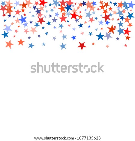 patriotic american stars confetti. USA Presidents day banner background. backdrop Vector Illustration, Blue and Red 4th of July Stars sparkles isolated on white. 