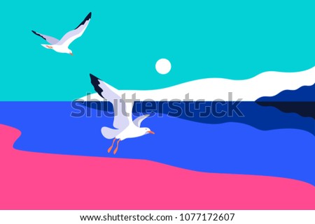 Abstract sea background with gulls. Sea coast, sky, sun, seagulls. Vector illustration
