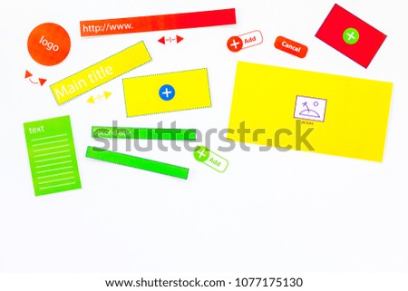 Developing internet site. Website design concept. Elements, blocks, instruments, tools for make site on white background top view copy space